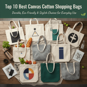 Top 10 selection of canvas cotton shopping bags in multiple designs and patterns arranged on a wooden table