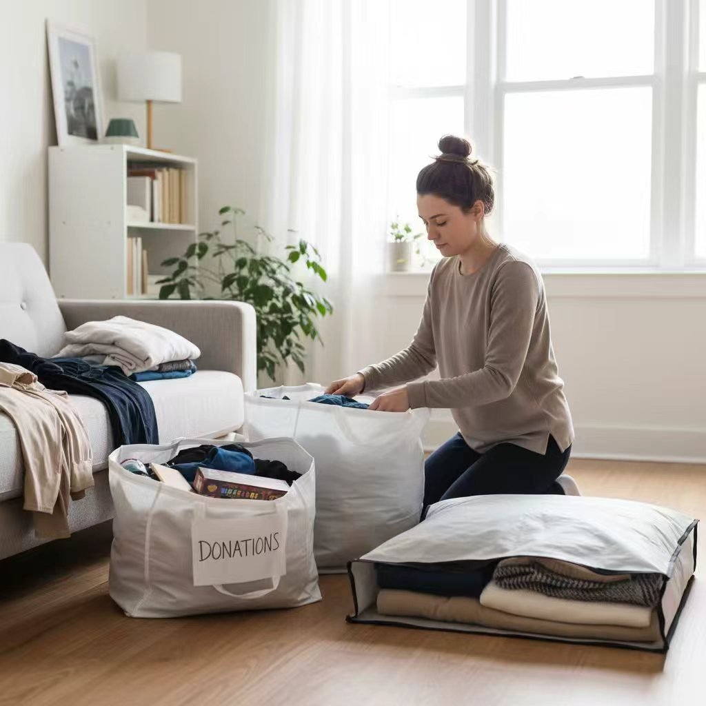 Man and woman packing with large duffel bags and labeled organizers for toiletries, demonstrating smart travel and bedroom storage organization.