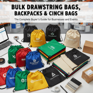 Bulk custom drawstring bags and cinch backpacks with printed business logos for promotional and event use