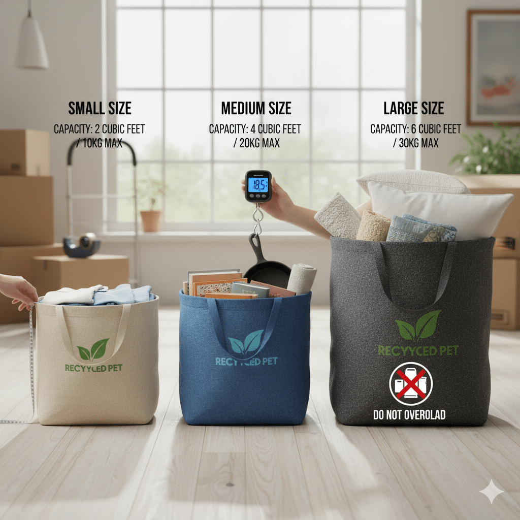 Designers reviewing color samples and logo placements for custom printed moving bags in various colors and styles.