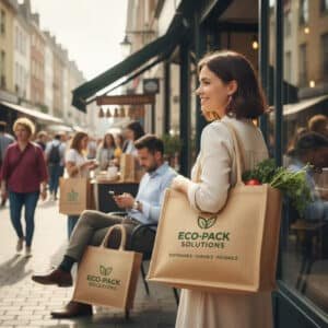 Woman carrying a custom jute shopping bag with Eco-Pack Solutions logo, promoting sustainable and reusable eco-friendly packaging.