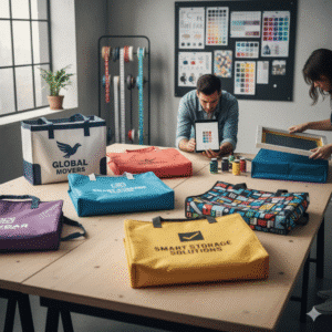 Three eco-friendly moving bags in small, medium, and large sizes displayed with weight capacity labels and measurement tools.