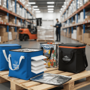 Insulated cooler bags displayed with removable foam panels and foil lining, demonstrating material layers inside warehouse environment