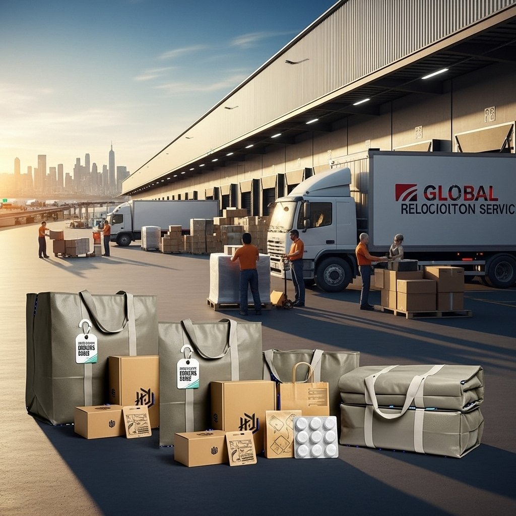 Logistics warehouse worker using heavy duty moving bags