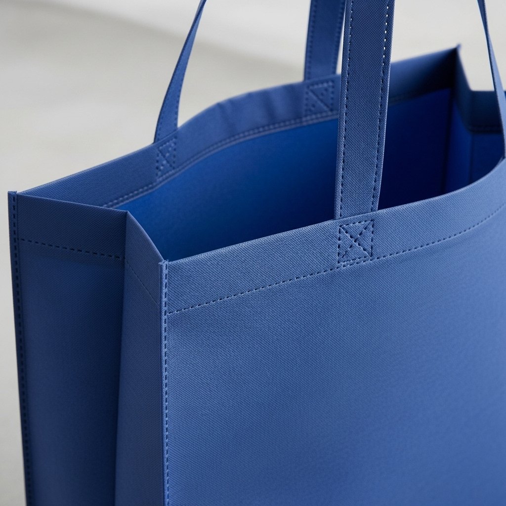 Blue structured Oxford fabric tote bag showing retail bag material quality