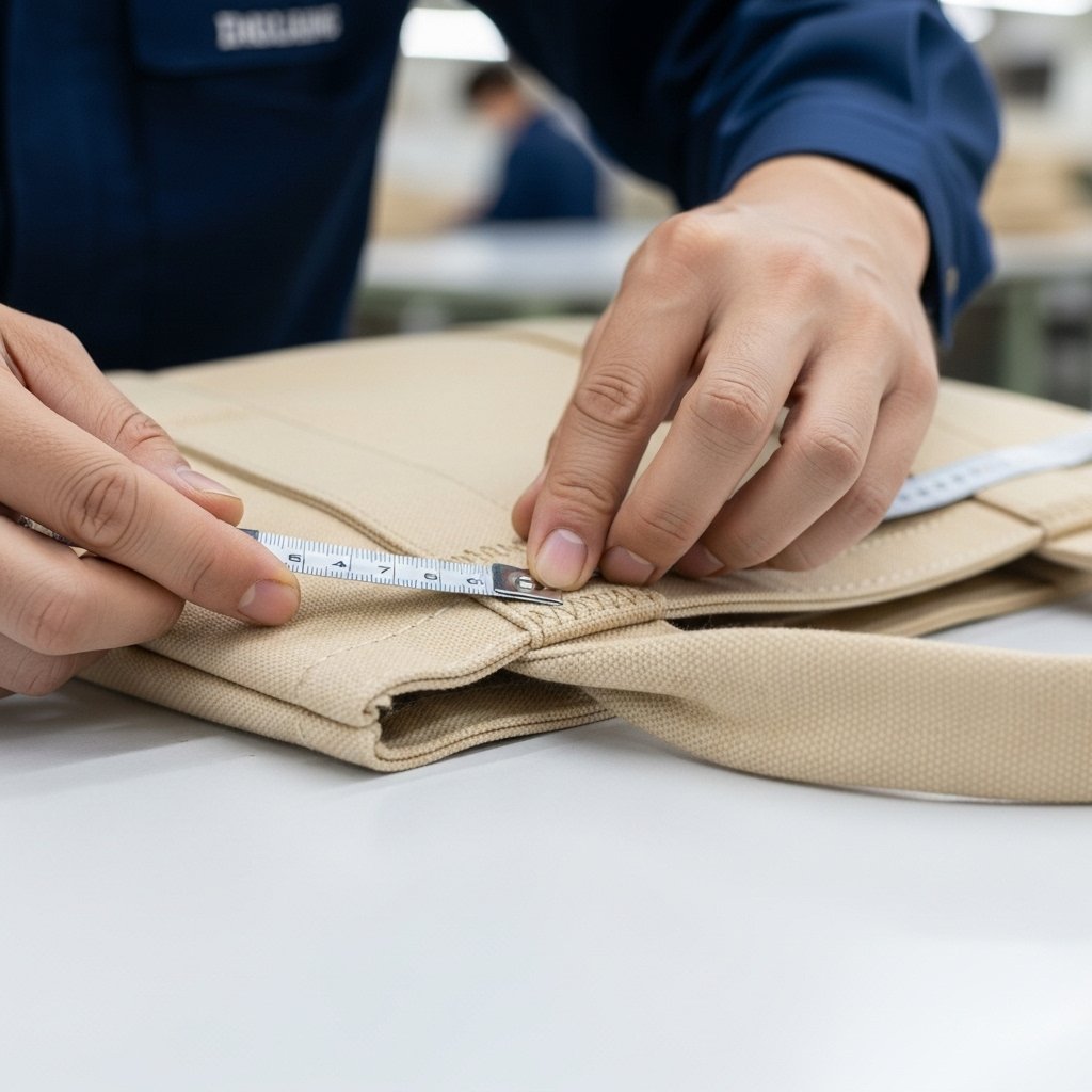 Un employé de Tiiocti utilise un mètre ruban pour inspecter les coutures d’un sac en tissu beige fabriqué sur mesure, illustrant ainsi le processus rigoureux de contrôle qualité mis en place par la marque au sein de son site de production.