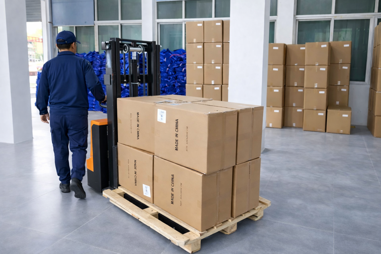 Warehouse worker moving dense carton pallets to start the floor course of a container