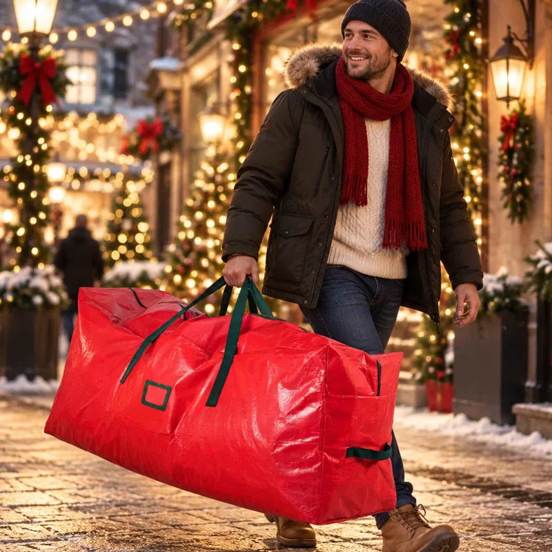 TiiOCTI christmas tree storage bag from Yuncaili Household Products Co,Ltd, carried by a man along a Christmas-decorated street, with a red body and green handles.