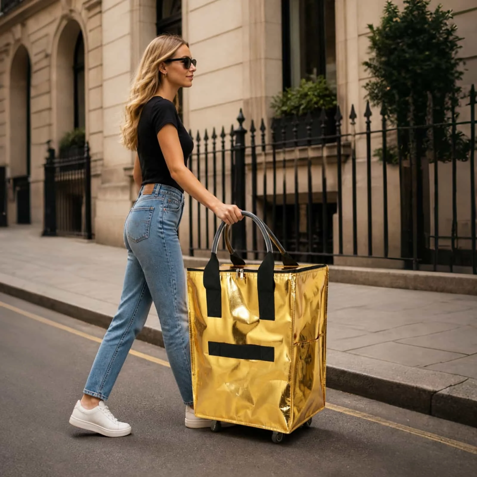 Woman pulling a gold rolling tote bag with wheels along a city sidewalk.