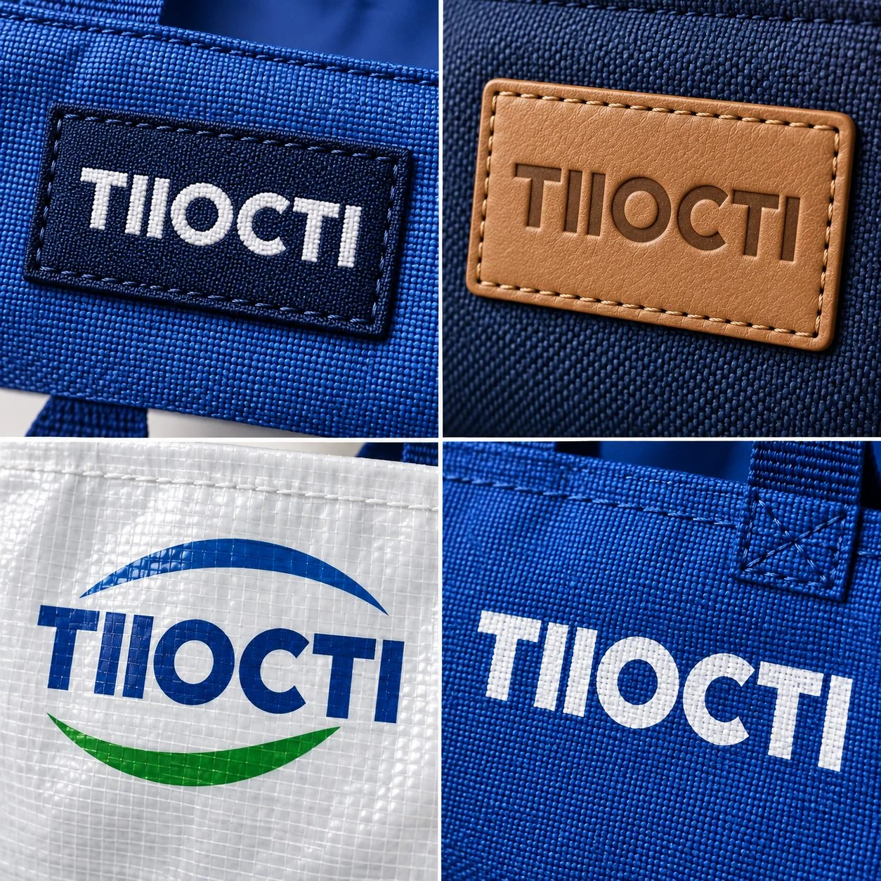 Moving Bags Manufacturing Tiiocti Logo Customization Examples Showing Woven Labels Embossed Leather Patches Multicolor Printing And Screen Printing On Bag Materials