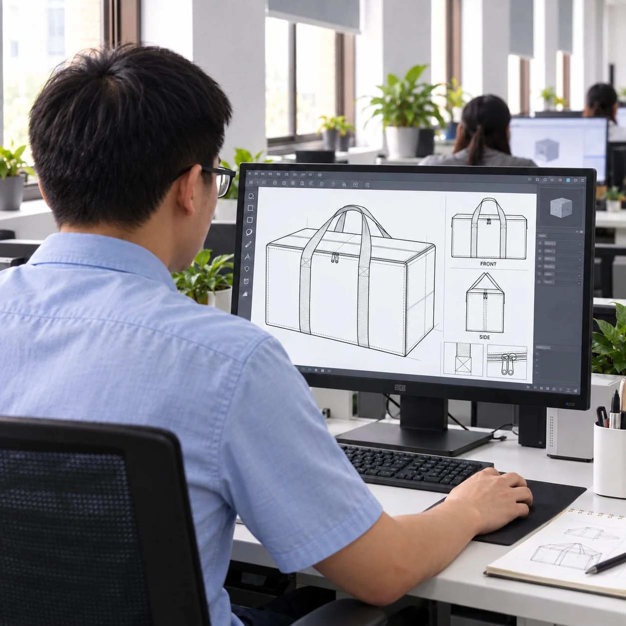 Moving Bags Manufacturing Tiiocti Designer Reviewing Moving Bag Technical Line Drawings Front And Side Views Handle Construction And Zipper Details On A Computer