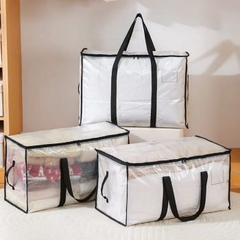 Three transparent white moving bags with black handles for home organization and heavy-duty storage