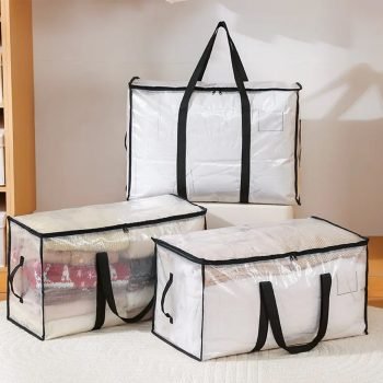 Three transparent white moving bags with black handles for home organization and heavy-duty storage