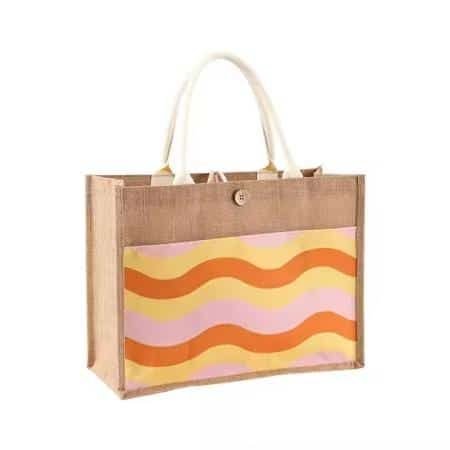 Wave pattern printed jute shopping bag with button closure, eco-friendly tote