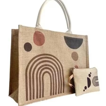 Large eco-friendly jute shopping tote bag with modern rainbow print