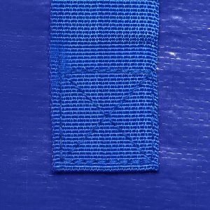 Reinforced cross-stitched handle attachment on durable blue tarp material