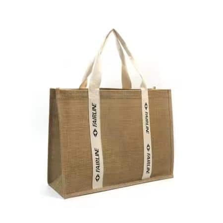 Plain rustic jute tote bag with white woven handles, reusable durable bag