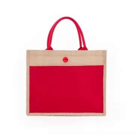 Plain jute shopping tote with red front panel, durable reusable bag