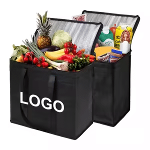 Black reusable insulated grocery tote bags filled with food items, customizable logo, ideal for supermarket shopping, food delivery, and thermal preservation.