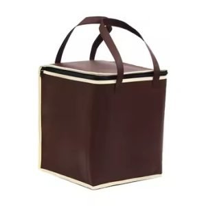 Brown insulated thermal bag with cream trim Brown reusable insulated lunch tote bag with handles, ideal for food delivery, picnic use, and thermal preservation.