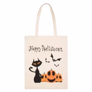 White canvas shopping bag with Halloween-themed print, eco-friendly tote for events.