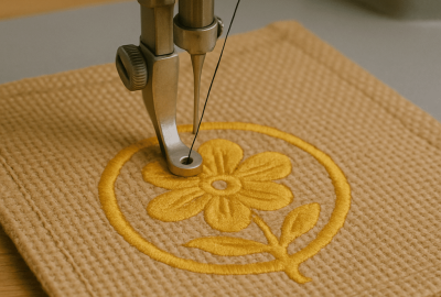 Embroidery decoration on jute material with floral design, premium branding for tote bags