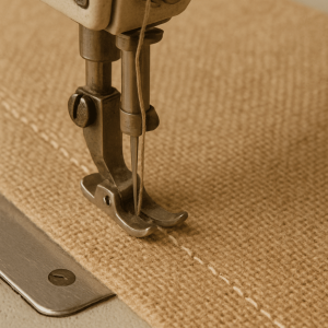 Sewing machine stitching jute fabric for high-quality reusable tote bags
