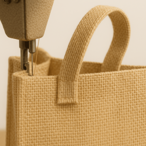 Industrial sewing process attaching handles to jute tote bag for strong support