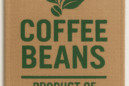 Screen-printed jute bag with coffee beans text, sustainable packaging with custom logo