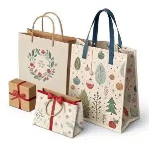 Christmas-themed gift shopping bags with holiday prints and matching gift boxes.