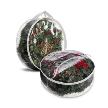 Set of two transparent round storage bags filled with decorated artificial Christmas wreaths, ideal for holiday decoration storage and protection