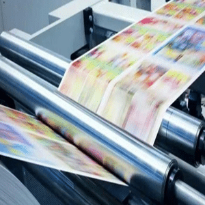 High-speed printing machine producing colorful custom patterns on fabric rolls, ideal for large-scale tote bag and textile printing