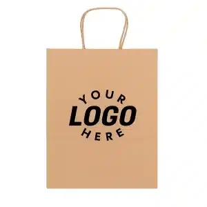 Brown kraft paper shopping bag with customizable printed logo, eco-friendly retail packaging.