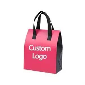 Pink and black reusable lunch tote bag with handles, customizable logo, ideal for food delivery and daily meal carrying.