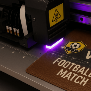 UV printer printing football design on leather pad UV printing machine applying a custom football match logo onto brown fabric material, ideal for personalized tote bag and textile branding
