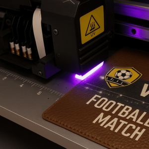 UV printing machine applying a custom football match logo onto brown fabric material, ideal for personalized tote bag and textile branding
