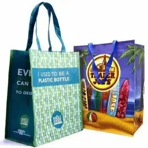 Colorful recycled shopping bags made from plastic bottles, eco-friendly reusable tote.
