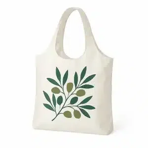 White reusable nylon shopping bag with green olive branch print, lightweight and foldable.