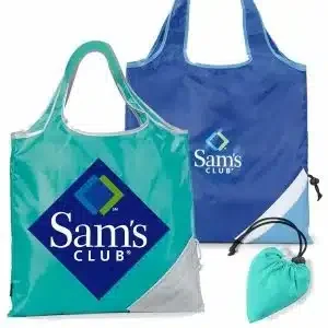 Blue and teal foldable reusable shopping bag with Sam's Club logo, portable and eco-friendly.