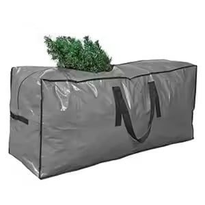 Large gray rectangular storage bag with black handles, filled with artificial Christmas tree branches, ideal for holiday decoration storage and transportation