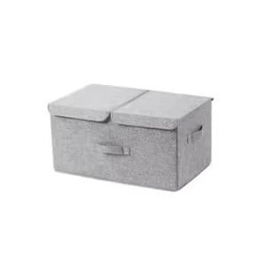 Gray rectangular foldable storage box with lid and front handle, made of fabric material