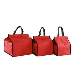 Set of three red reusable insulated tote bags with black handles, ideal for food delivery, grocery shopping, and thermal preservation.