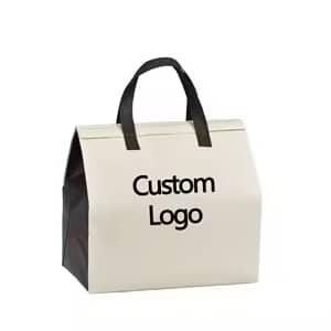 White and black reusable insulated tote bag with handles, customizable logo, ideal for food delivery, grocery shopping, and thermal preservation.