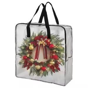 Transparent square storage bag with black handles, containing a decorative Christmas wreath, ideal for holiday decoration storage and protection