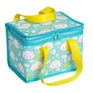 Blue reusable insulated lunch bag with yellow handles and cute cloud print, ideal for kids' food storage, picnics, and daily meal carrying.