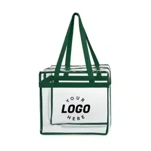 Transparent EVA shopping tote bag with green handles, customizable printed logo.