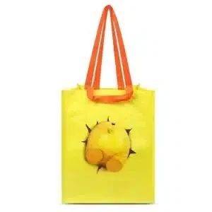 Yellow non-woven reusable shopping bag with orange handles and printed cartoon design.