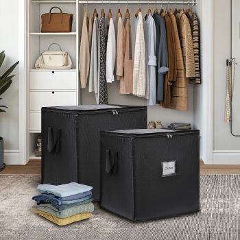 Set of two black moving bags for closet storage, ideal for organizing clothes, blankets, or seasonal items in a bedroom